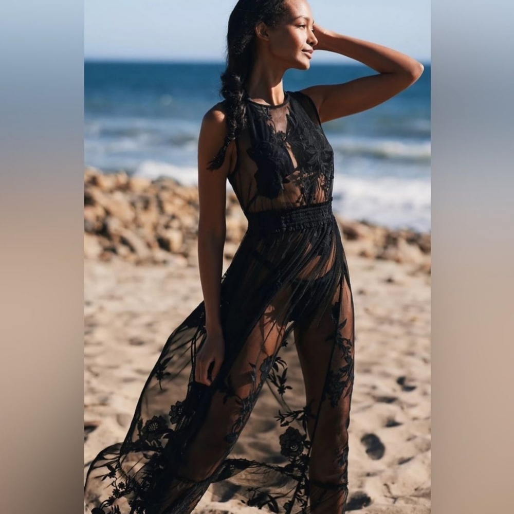 By Anthropologie Black Lace Mesh Sheer Long Maxi Dress Sexy Beach Lingerie